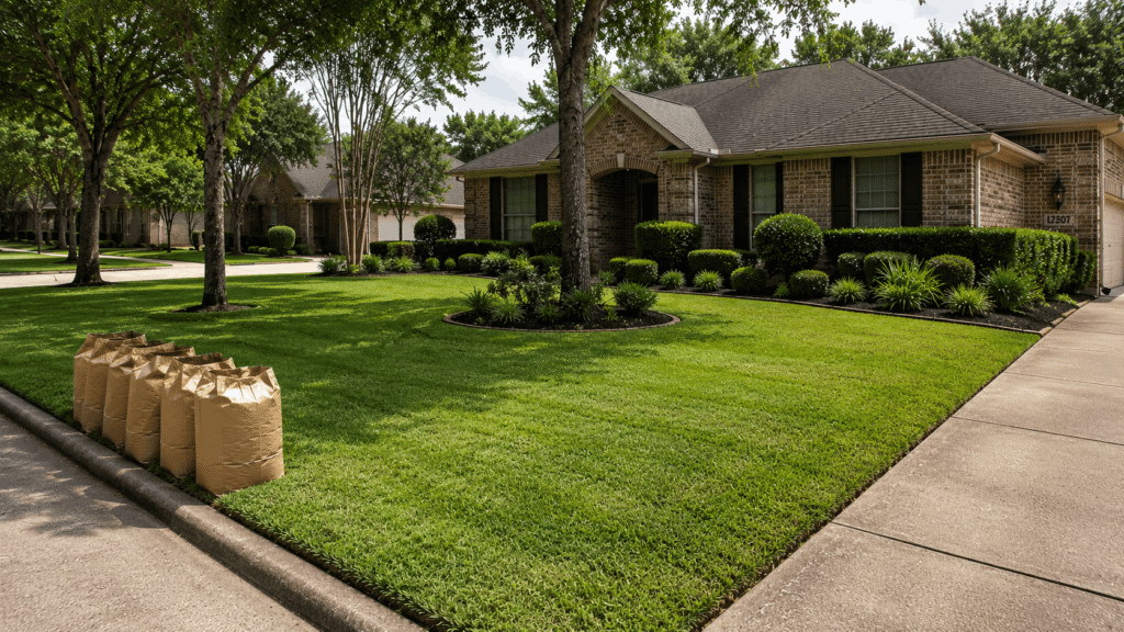 Freshly cleaned suburban yard with neat edges and bagged yard waste