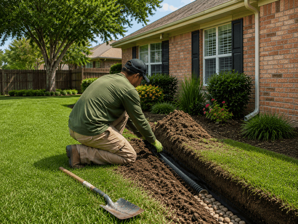 Landscaper installing a drainage solution