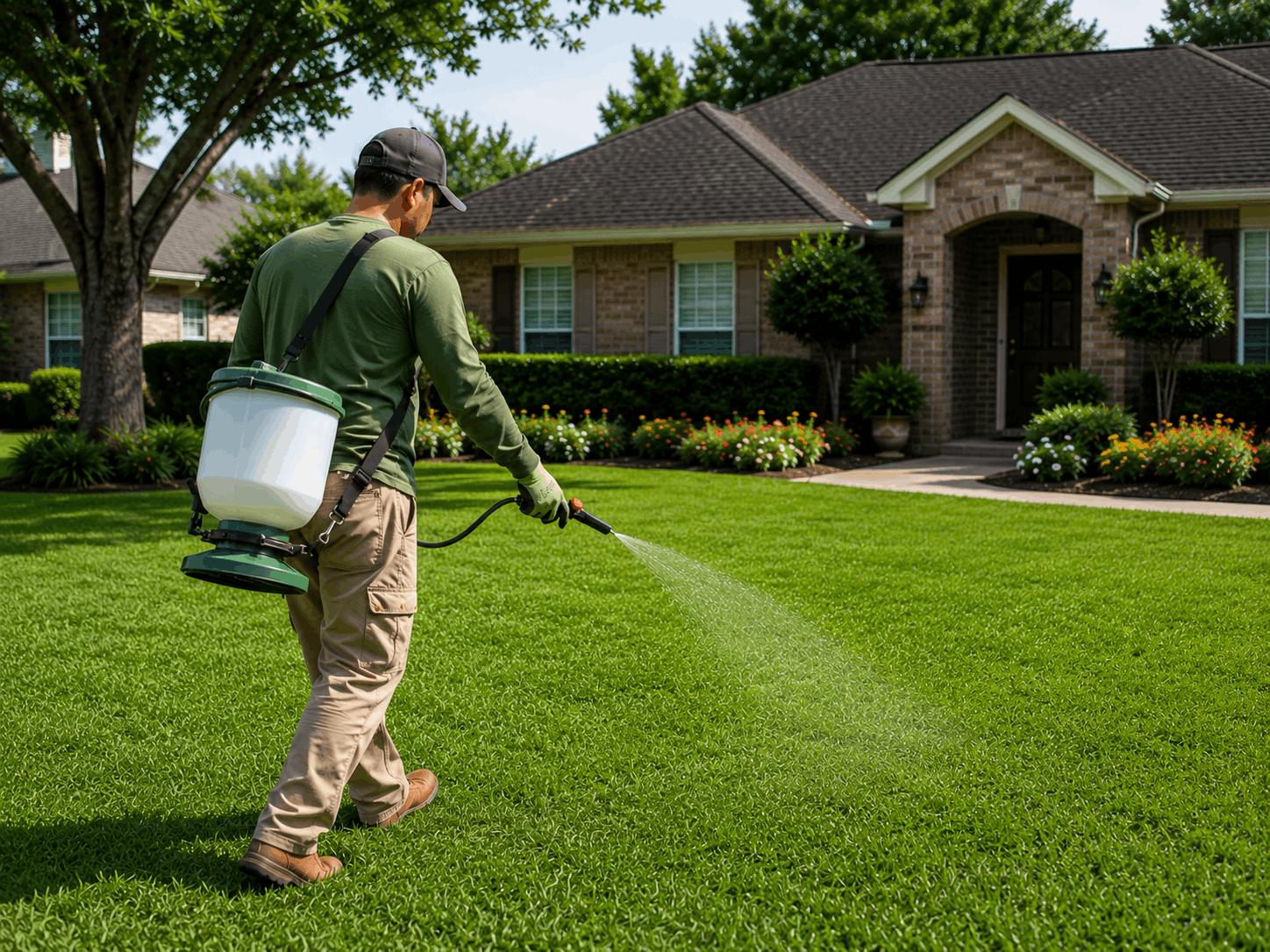 Landscaper applying lawn fertilizer treatment to a green lawn