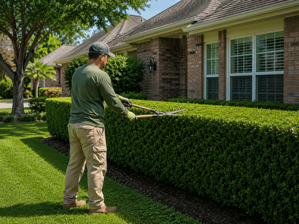 Landscaper trimming a neatly shaped hedge