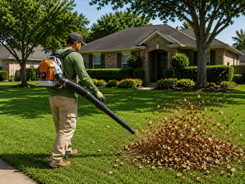 Landscaper using a leaf blower to clear debris