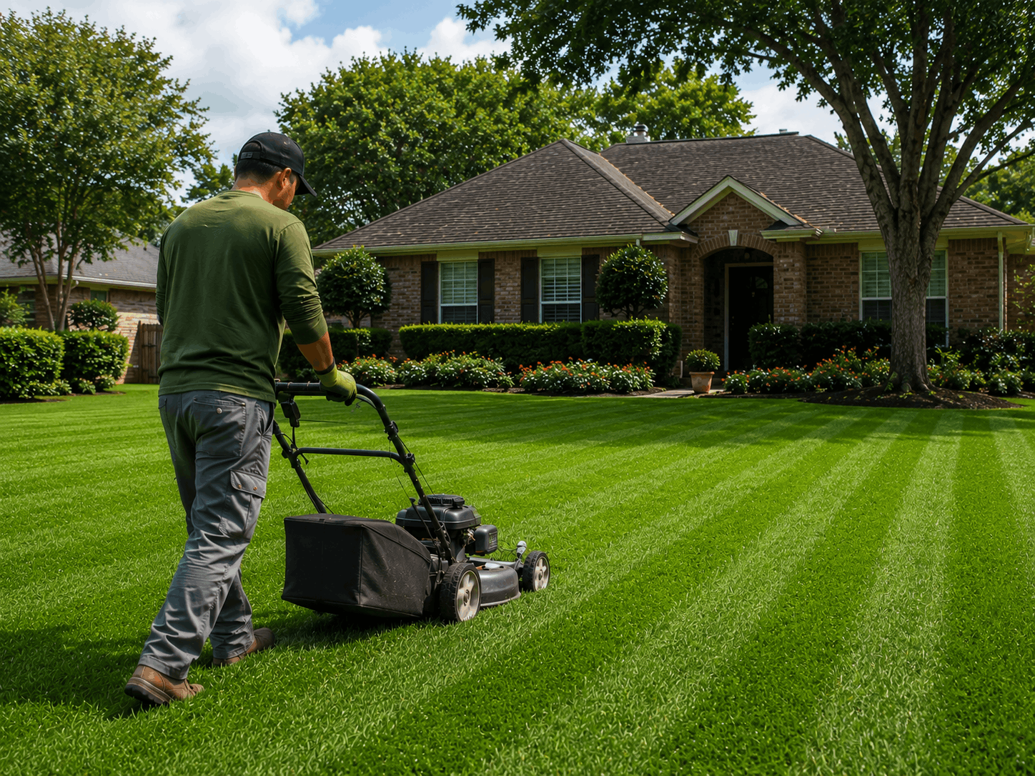 Landscaper mowing a lush green lawn