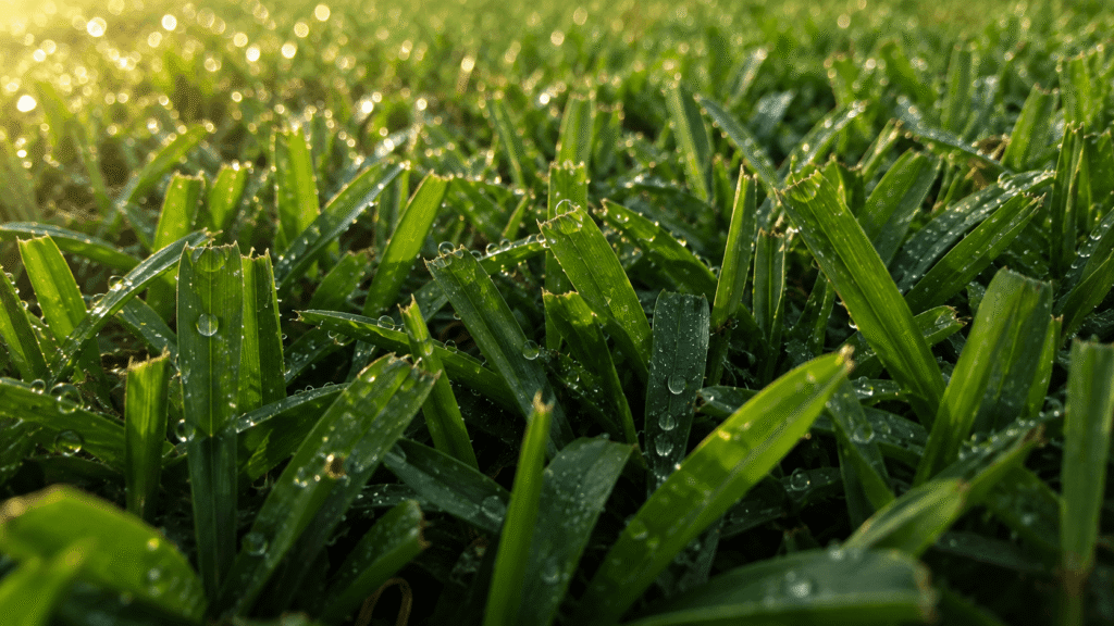 Close-up of thick, healthy green St. Augustine grass after professional lawn fertilization