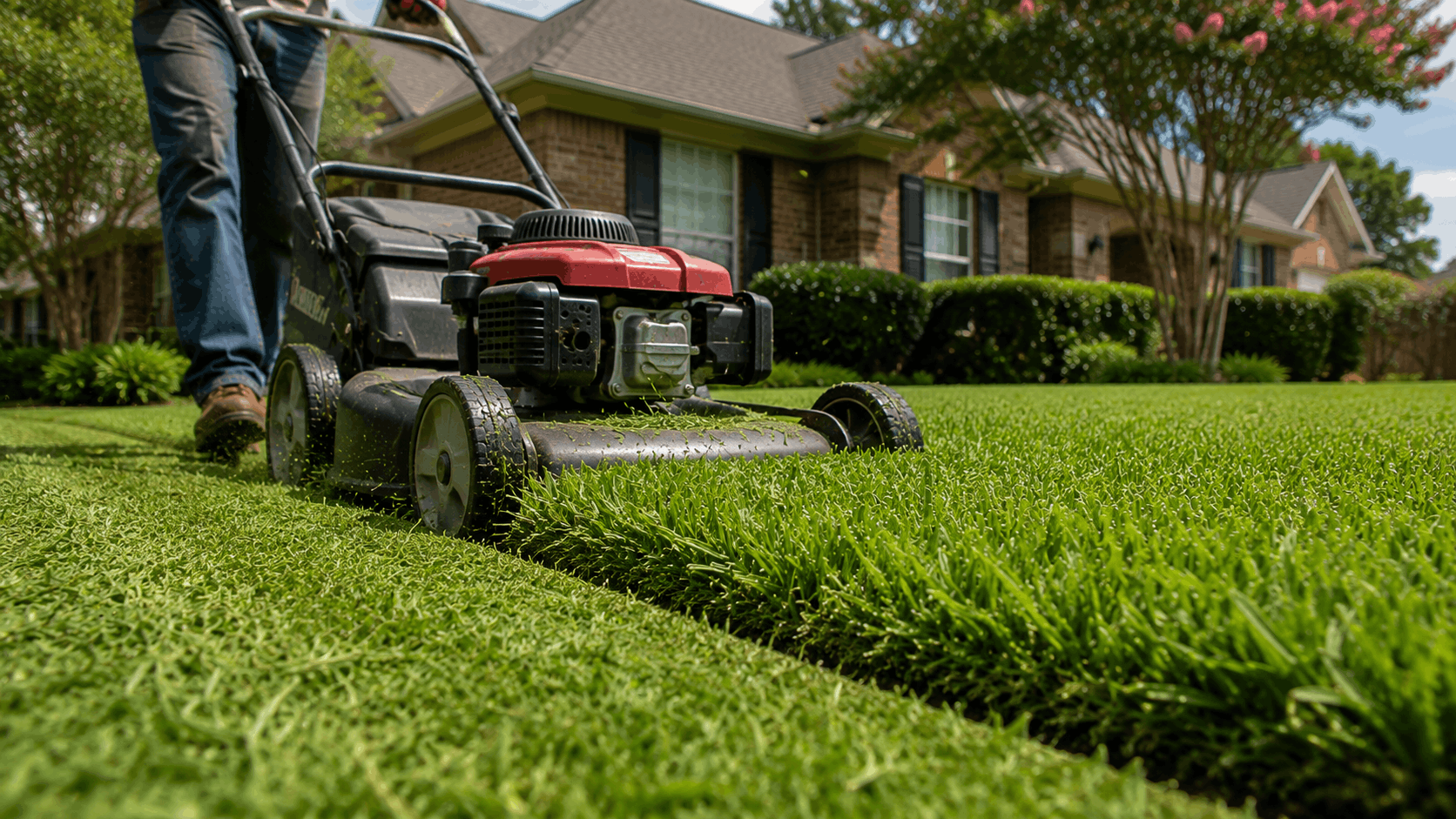 Lawn mower cutting fresh green grass at a suburban Houston, Texas home