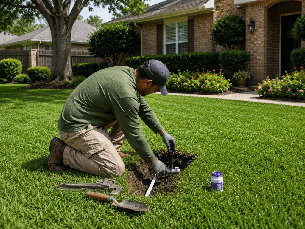 Landscaper repairing a sprinkler irrigation system