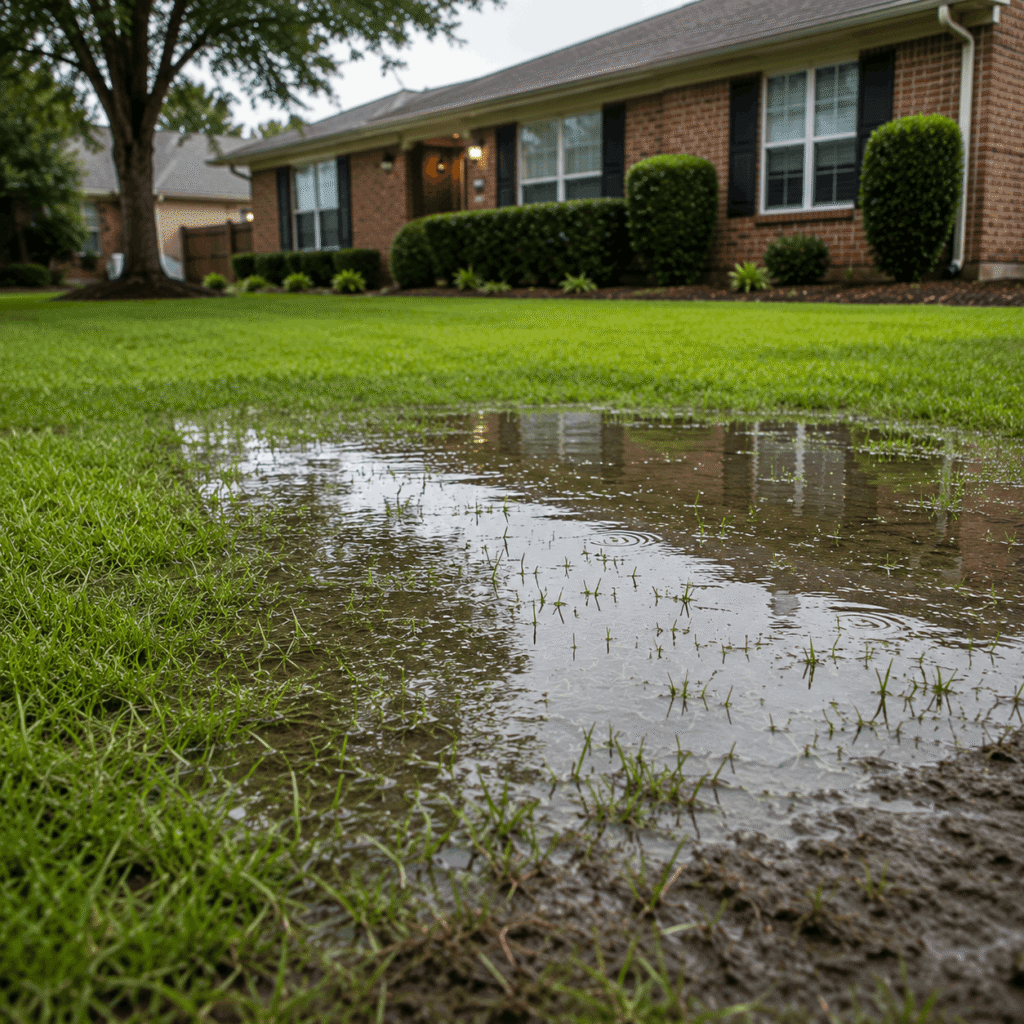 Standing water pooling on a Houston, Texas lawn due to poor drainage