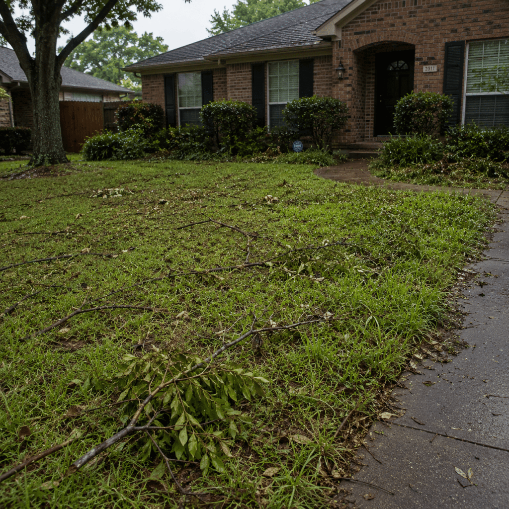 Yard with fallen leaves and debris
